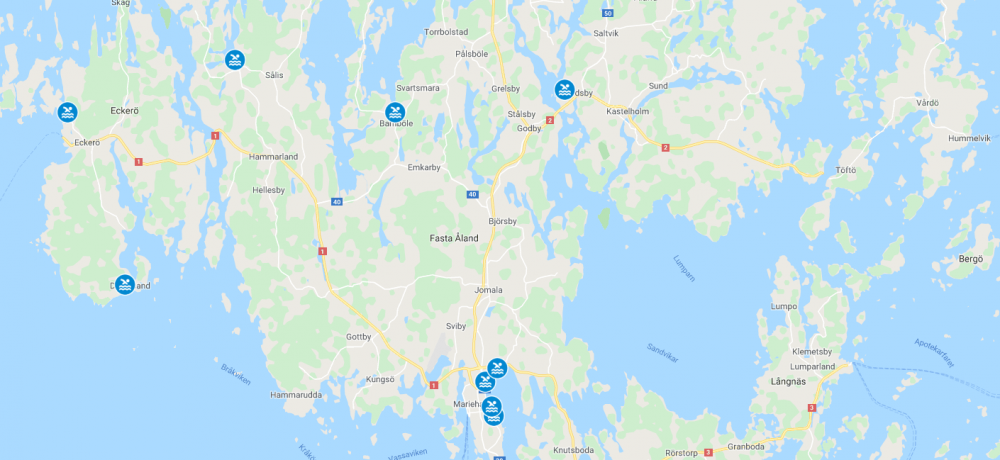 Kartbild över EU badstränder på Åland